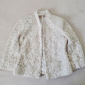 Boston Proper Cream Textured Floral Ribbon Blazer Jacket Womens 4 Small Neutral
